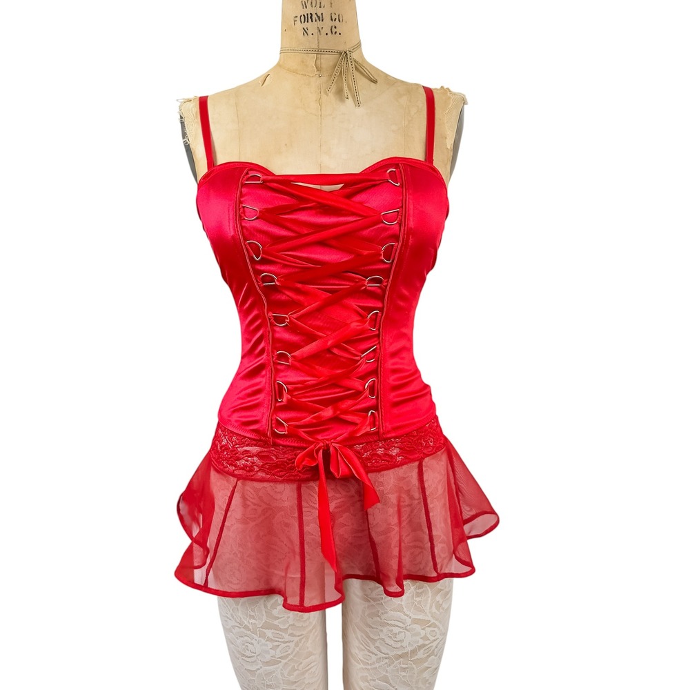 Goth Satin Red Lace Up Corset Top Grunge Spirit Halloween M